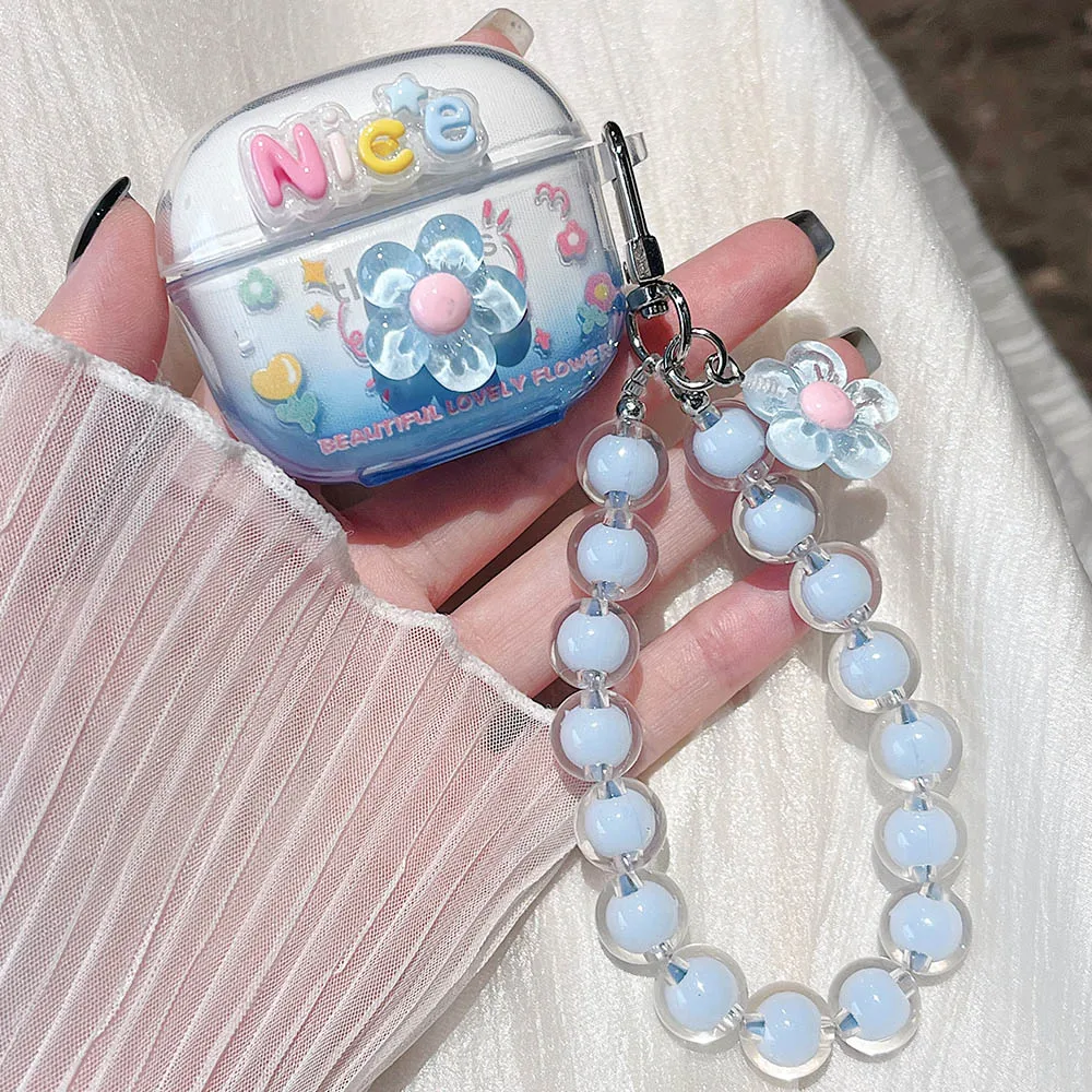 Korean Floral Soft TPU Clear Protective Earphone Case with Beaded Bracelet Pendant