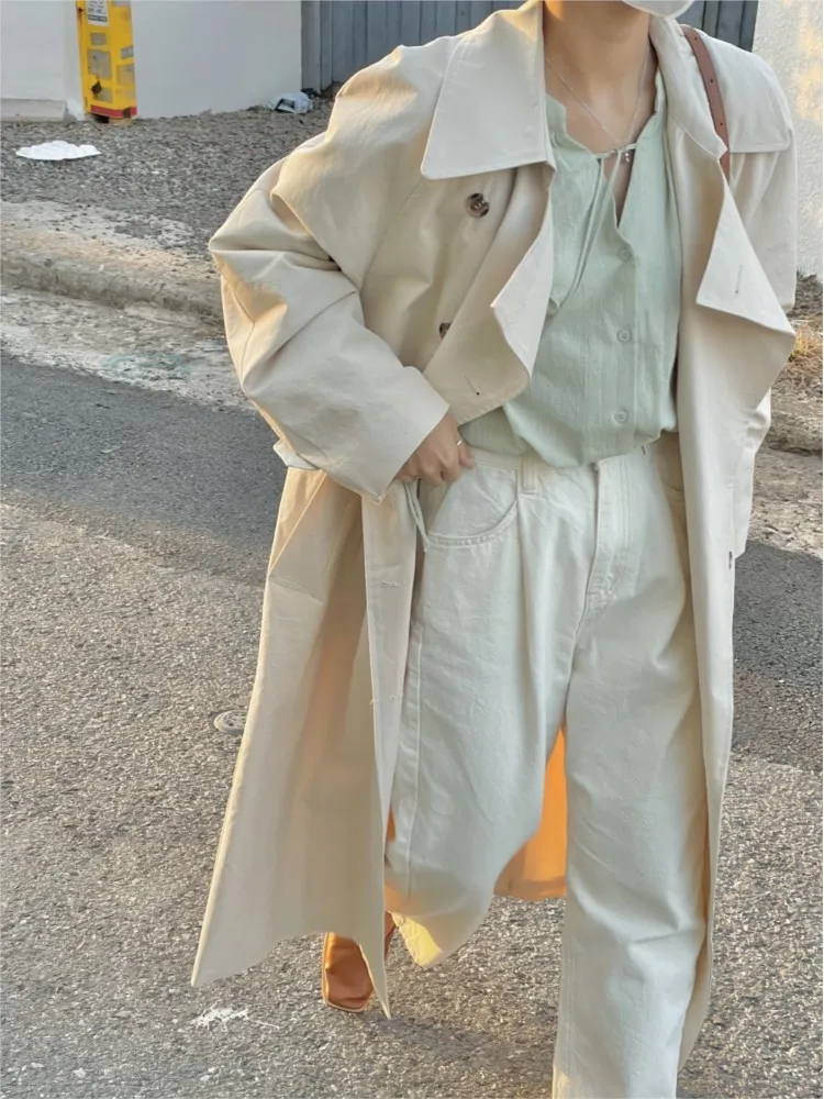 

England Style Long Trench Coat For Women Lapel Double Breasted Lace-up Waist Hugging Autumn Winter Solid Fashion Outerwear New