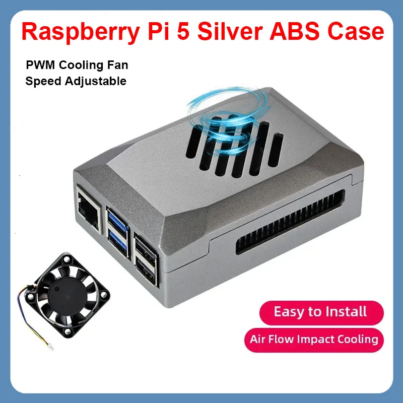 

Raspberry Pi 5 ABS Case Shadow Silver Shell with PWM Speed Adjustable Cooling Fan Power Button Active Cooler for Raspberry Pi 5