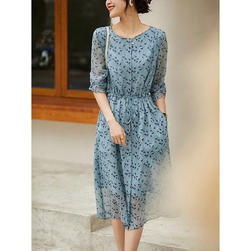 

Женское платье из шелка тутового шелкопряда, летнее платье средней длины с цветочным принтом, одежда для женщин