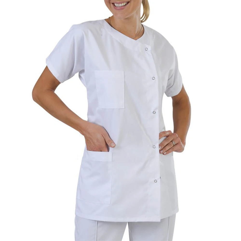 

Women Men Collarless Short Sleeve Medical Dress Hospital Lab Coat Workwear Tops Unisex Thin Ventilate Tops Medical Frosting