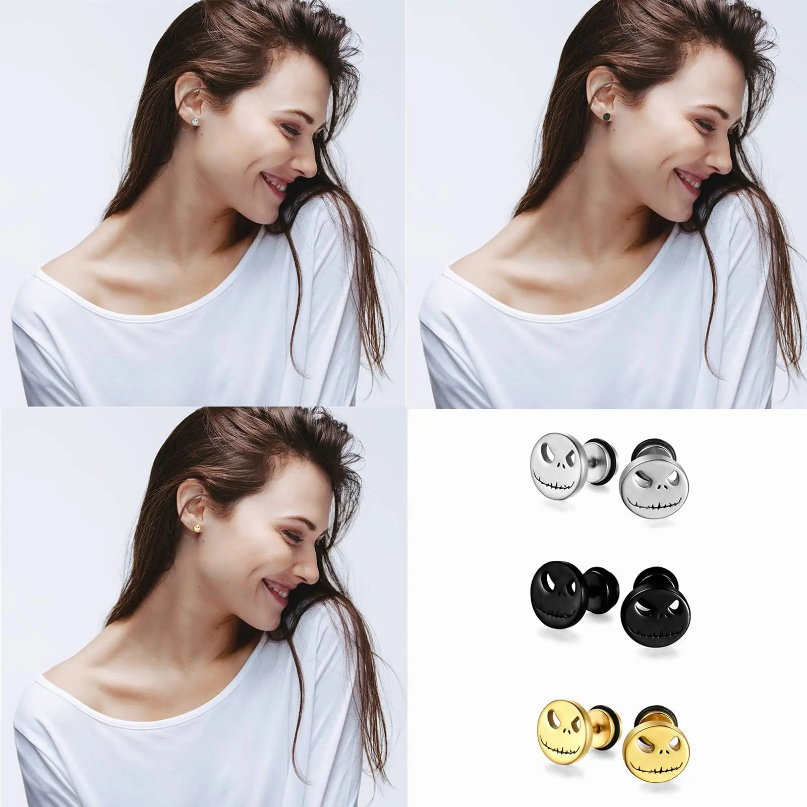 Fashion Titanium Round Stud Earrings Men Women Halloween Pumpkin Head Earrings Stainless Steel Jewelry Evil Eye 1 Pair