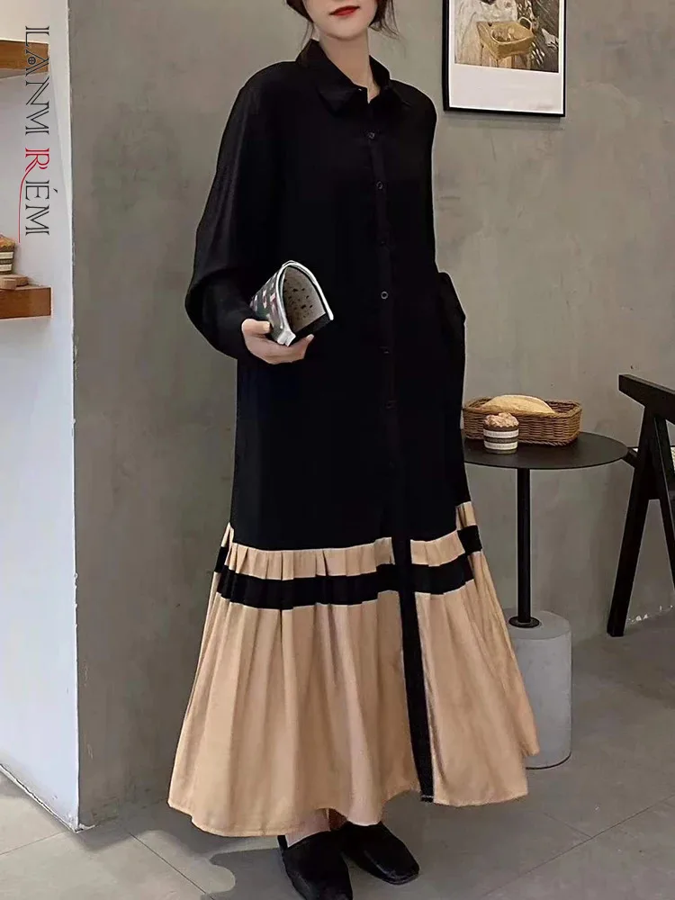 

LANMREM Maxi Dress Patchwork Lapel Single Breasted Long Sleeves Contrast Color Female Casual Clothing 2024 Spring Summer 2DA3531