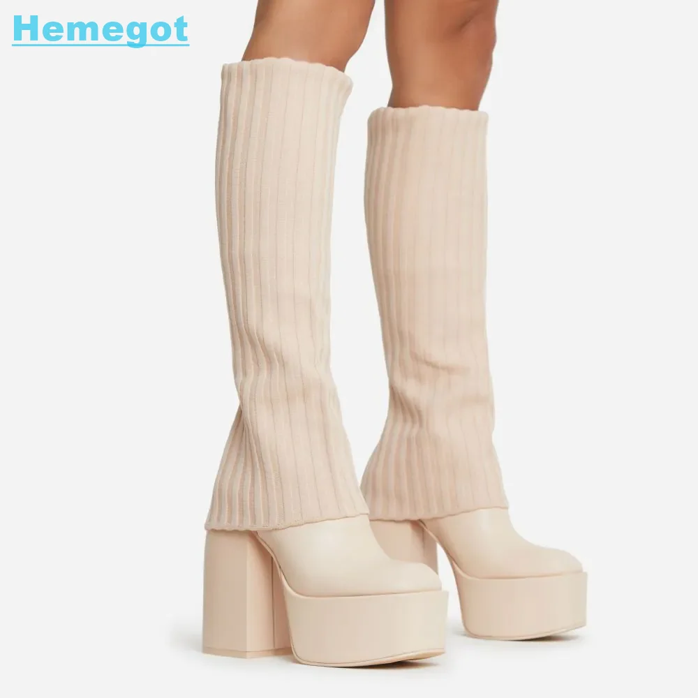 

Platform Layered Knit Square Toe Knee-High Boots Leather Block Chunky Heel White Solid Fashion Women Shoes Autumn European 2022