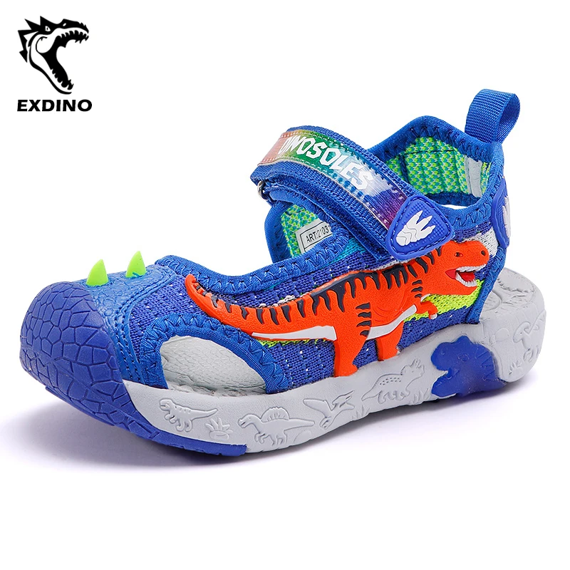 EXDINO T-Rex LED Knitting Children's Sandals Summer Boys Girls Breathable Luminous Sole Light Up Kids Outdoor Casual Beach Shoe