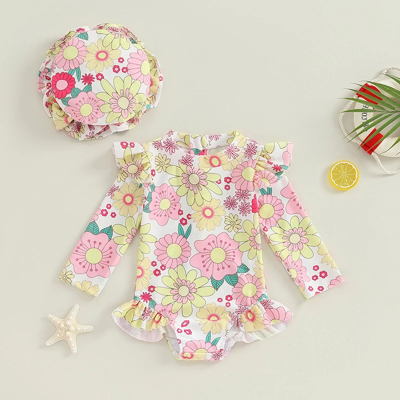 

Купальник для маленьких девочек с цветочным принтом, бикини с длинным рукавом и шапкой, купальник для новорожденных на лето, купание