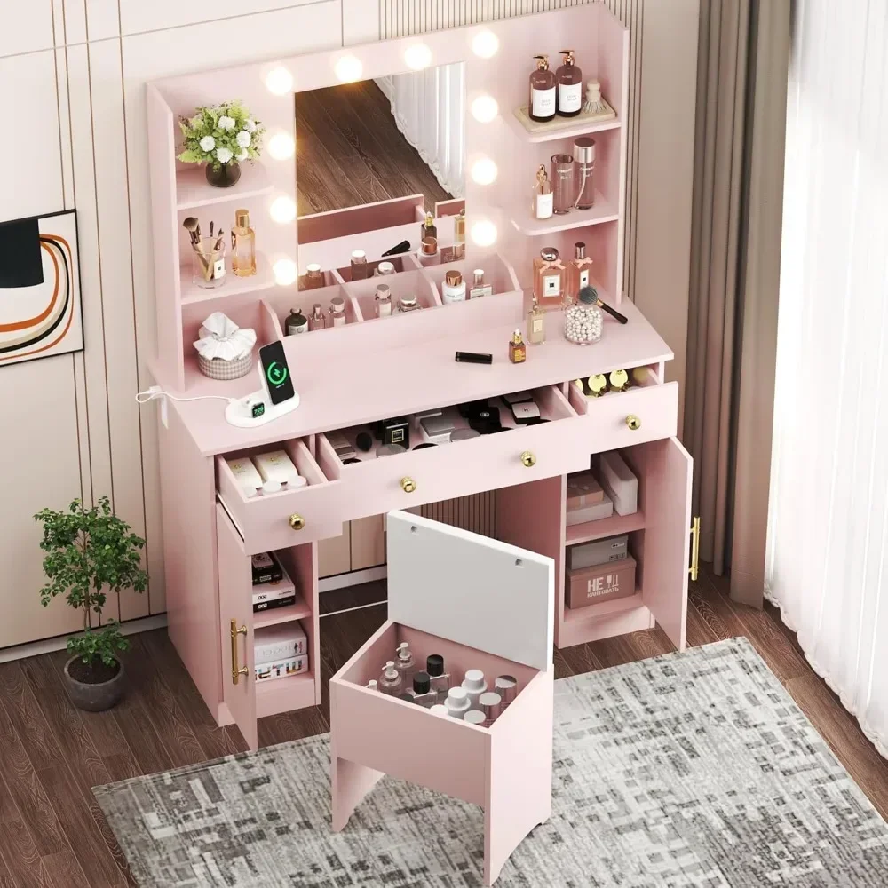Dressing Table, Pink Dressing Table with Charging Station and Dressing Stool, 3 Drawers and Cabinet, White Makeup Mirror With 5