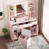 Dressing Table, Pink Dressing Table with Charging Station and Dressing Stool, 3 Drawers and Cabinet, White Makeup Mirror With 5