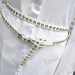 Double Circle Knotted PU Leather Waist Belt with Waist Chain and Eyelet Details - One size (WHITE)
