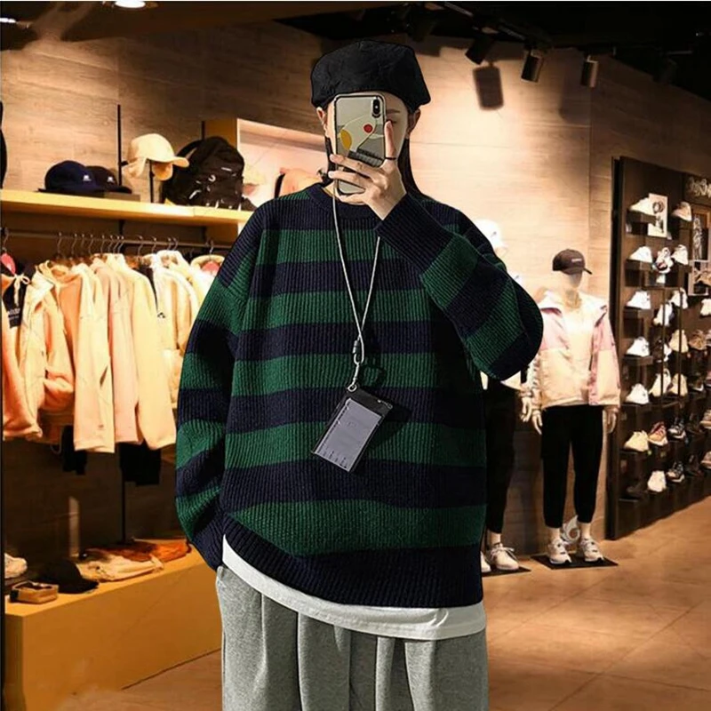 

Trendy Knitted Sweater Women Men Vintage Tate Langdon Loose Sweater Autumn Winter Harajuku Green Striped Knitwea Jumper Pullover