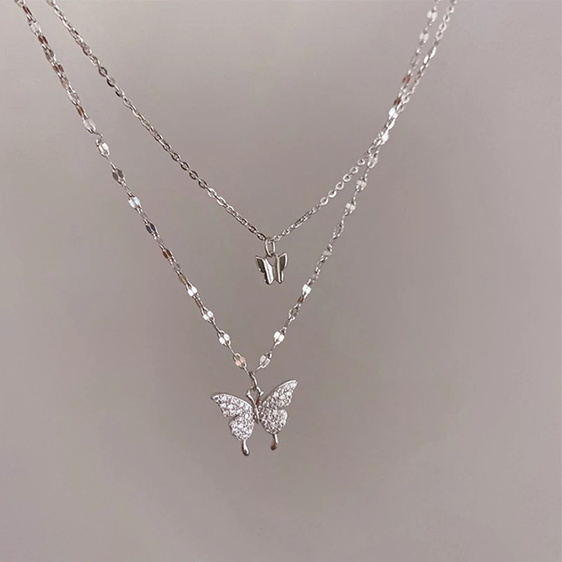 LATS New Shiny Butterfly Necklace Ladies Exquisite Double Layer Clavicle Chain Necklace Jewelry for Ladies Gift