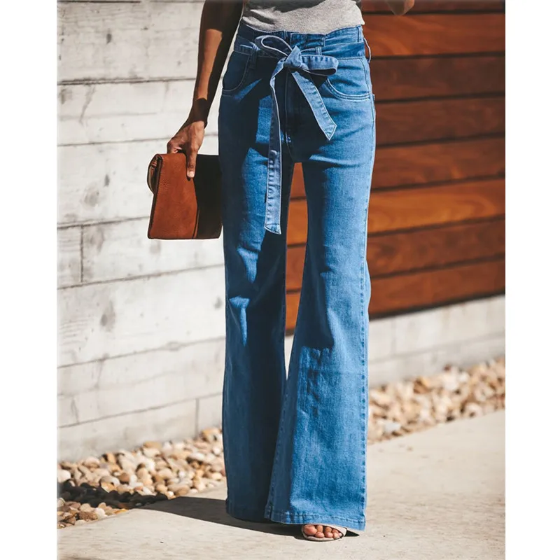 Blue Tie Waist Flare Jeans Women Slim Denim Trousers Vintage Clothes 2021 spring High  Pants Belted Stretchy Wide Leg 