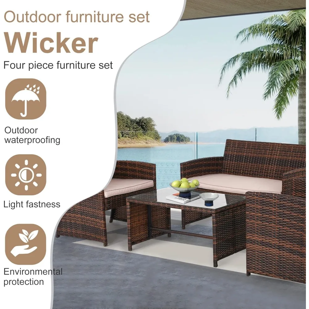 4 Pieces Outdoor Patio Furniture Sets Rattan Chair Patio Set Wicker Conversation Set Poolside Lawn Chairs Porch Poolside Balcony 3