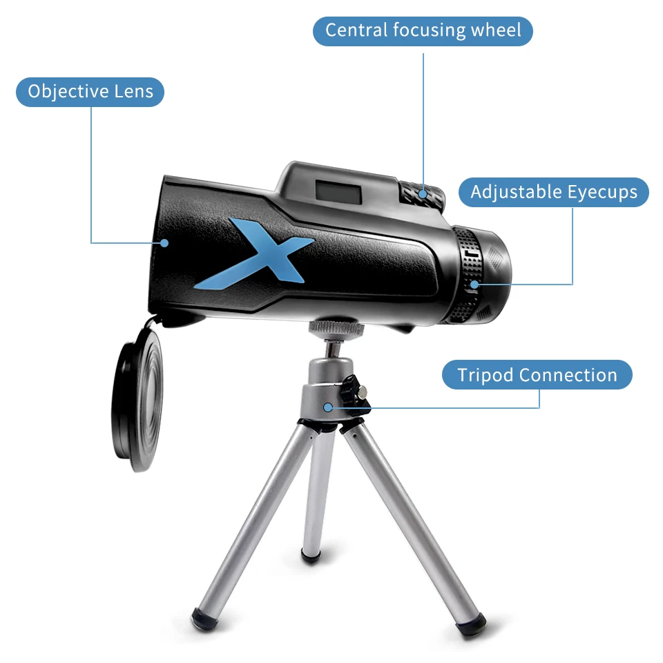 Monocular Telescope Portable Binoculars Tripod Phone Clip 12x50