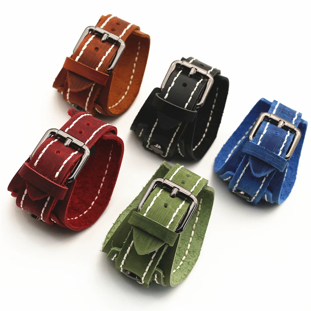 Handmade Stitched Watchband Punk Vintage Brown Black Red Genuine Leather Belt Watch Strap Men Bracelet Jewelry