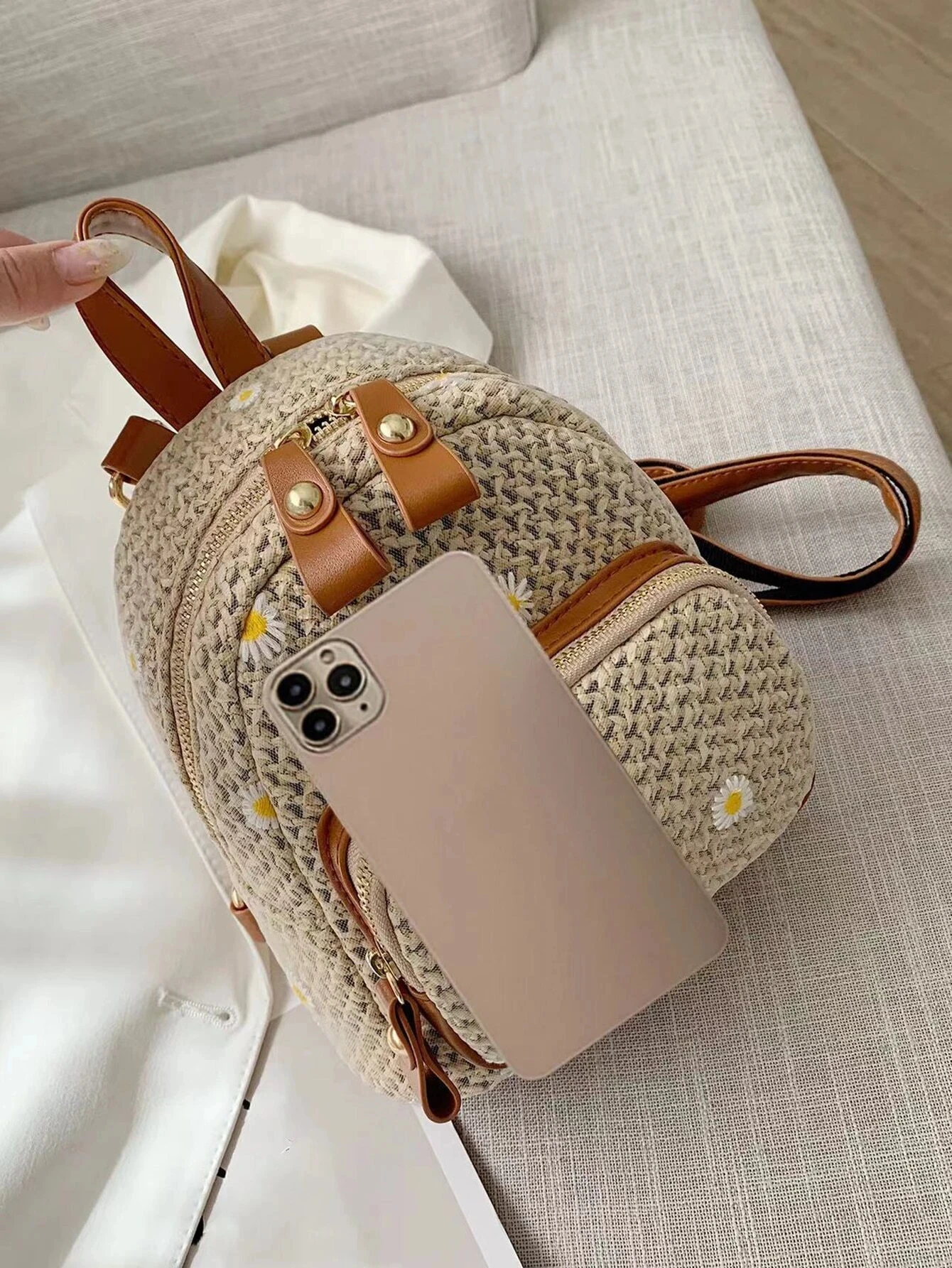 Mini Floral Embroidered Straw Bag Perfect For Summer Beach Travel Vacation Fashionable Student Straw Small Backpack
