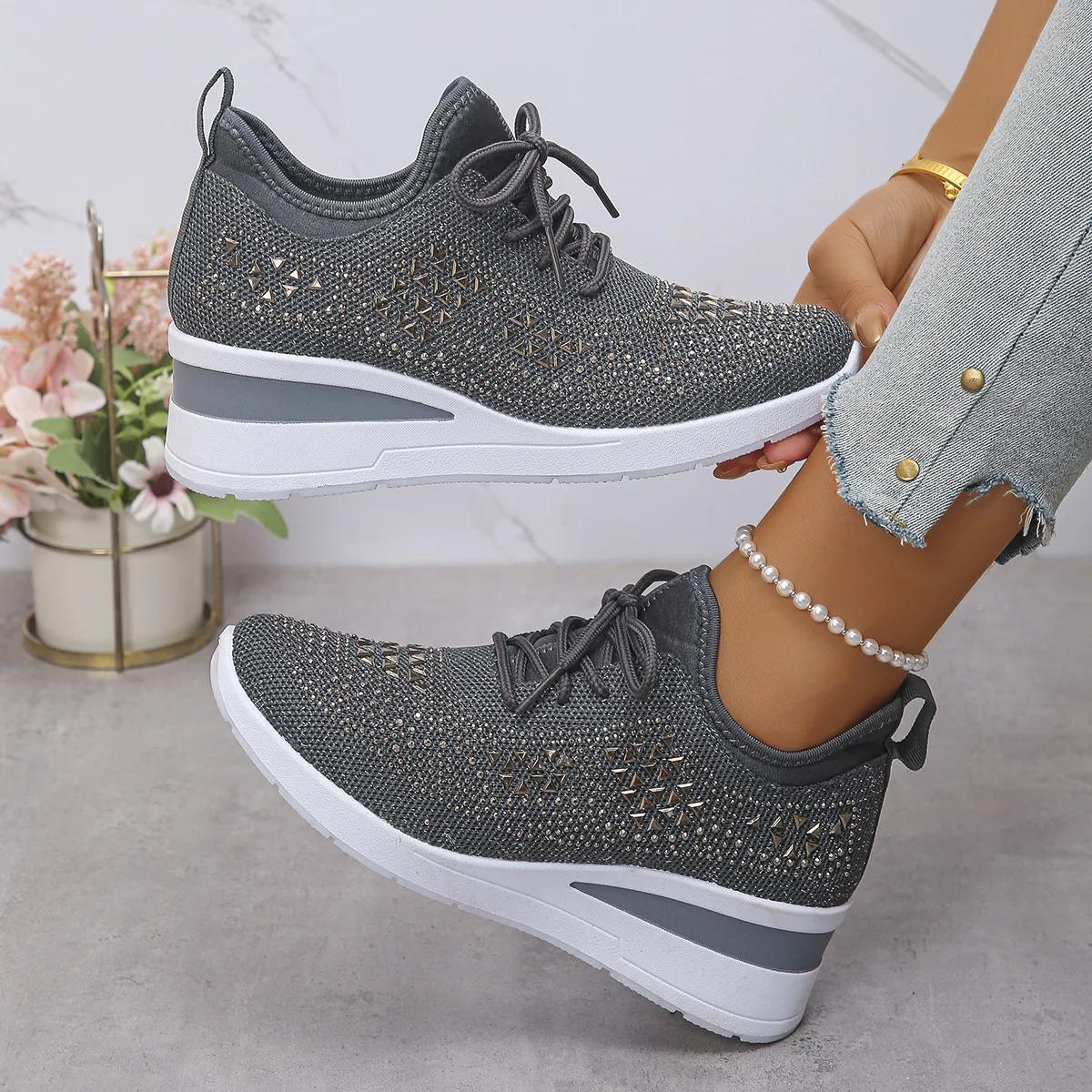 Women's Rhinestone Mesh Wedge Sneakers Casual Breathable