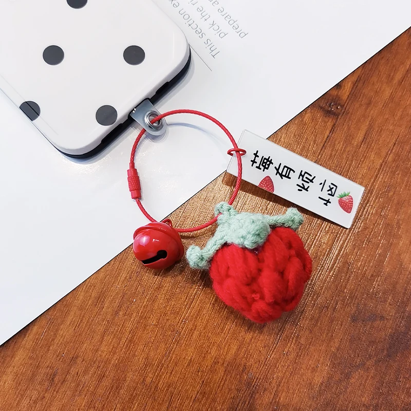 Hair Ball Key Ring Circle Lanyard  Ʈ Wool Woven Strawberry Pendant Phone Anti Lose Lanyard For Key Phone Charm Strap