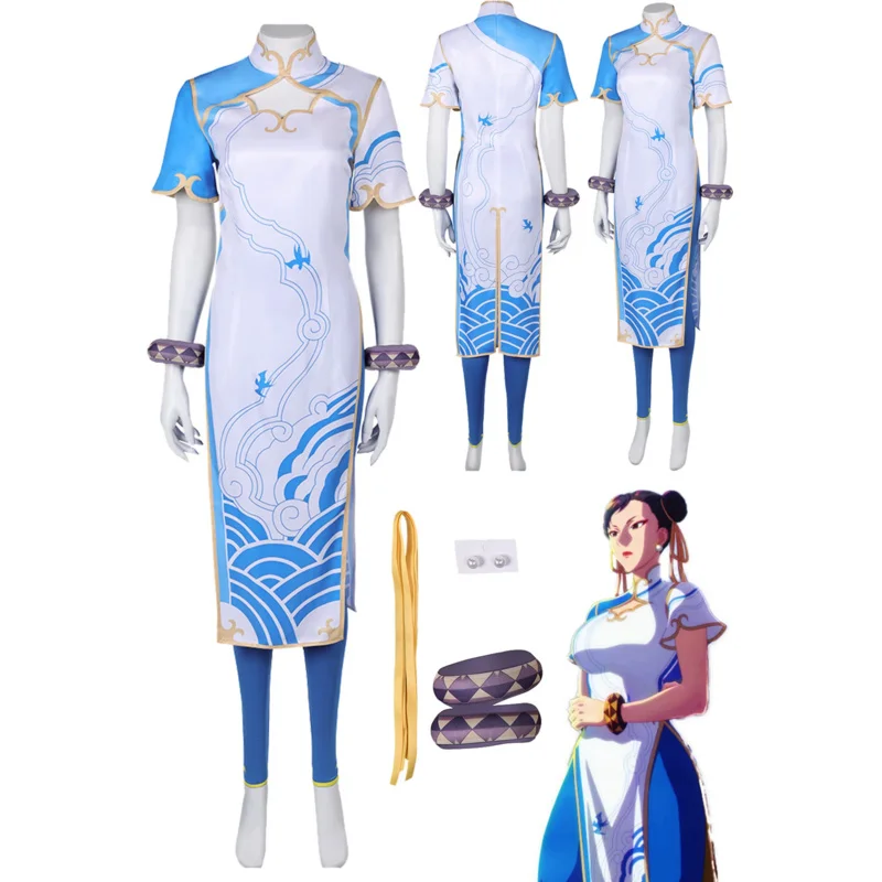 

Chun Li Cosplay Fantasia Cheongsam Anime Fighter Game SF 7 Disguise Adult Women Female Fantasy Halloween Carnival Party Clothes