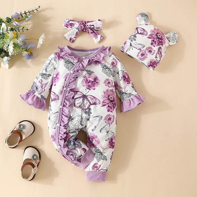 0-18Months Newborn Baby Girl Clothes Romper Outfits Flared Sleeve Floral Ruffle Bodysuits Hat with Hairband Toddler Gril Costume