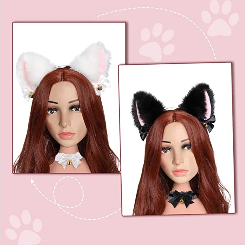 Game Cosplay Props Costume Headband Disco Hip Hop Costume Set Women Lady Cat Kitty Maid Cosplay Costume Set Plush Ear Bell Headband Bowknot Collar Choker Tail Paws Gloves Anime Props