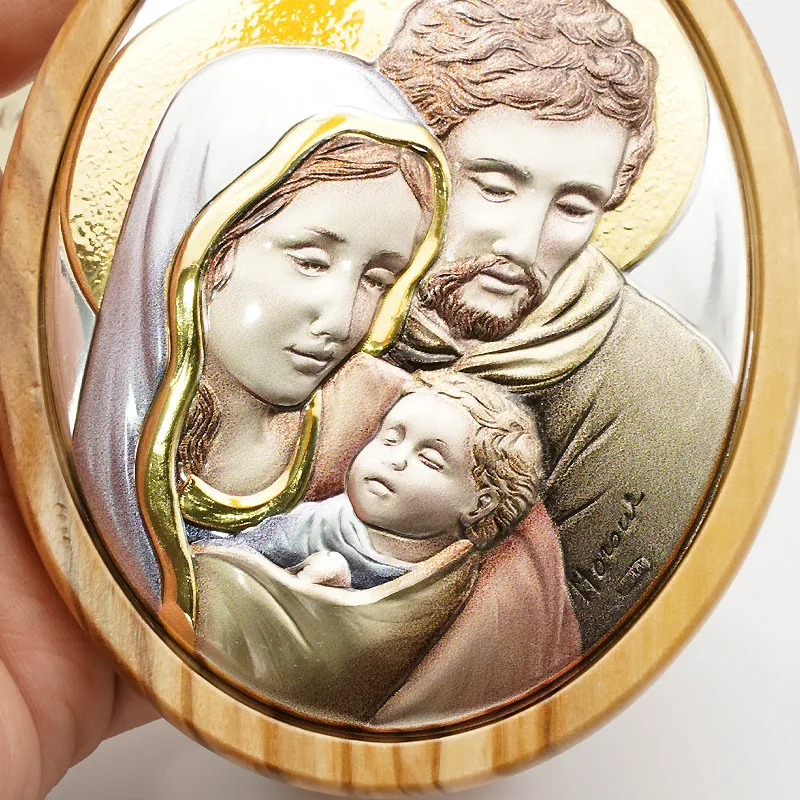 Color Holy Family 925 Silver Plate Relief Icon Table Decor Olive Wood Catholic Holy Object Ornament Jesus Virgen Maria Statues