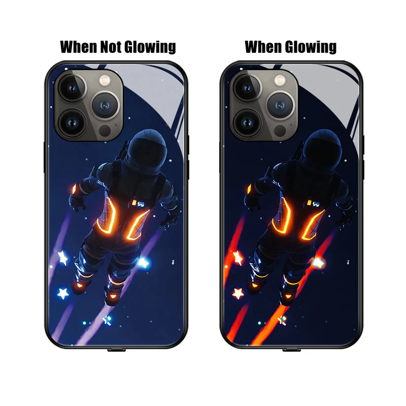 

Space Soldier Voice Sensing LED Light Glowing Tempered Glass Luminous Phone Case iPhone X Xs Xr 11 12 13 14 15 Pro Plus Ultra