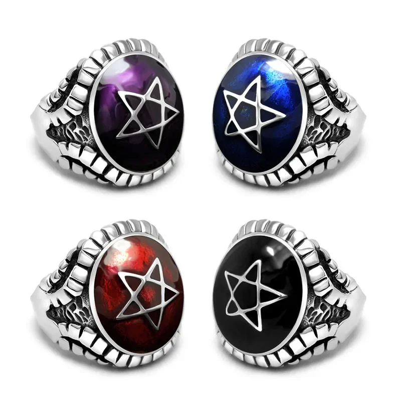 Retro Hexagonal Star Titanium Steel Epoxy Ring for Men and Women Fashion Personality Accessories Gift Vintage Mens Rings Jewelry 5