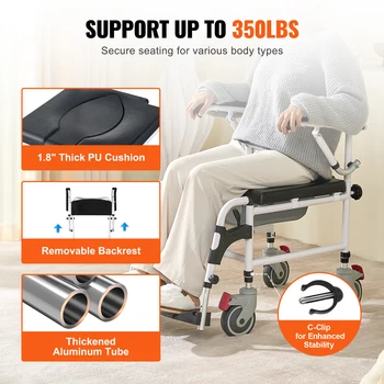 VEVOR Shower Commode Wheelchair with 4 Lockable Wheels Footrests Flip-up Arms 3-Level Adjustable Height 5L Removable Bucket 3