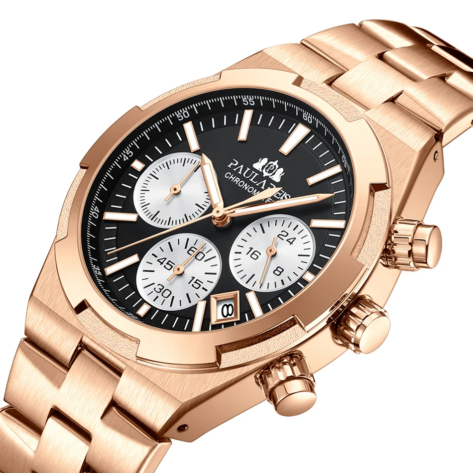 

Men Chronograph Luxury Luminous Rose Gold Silver Blue Fashion Quartz Overseas Stainless Steel Watch