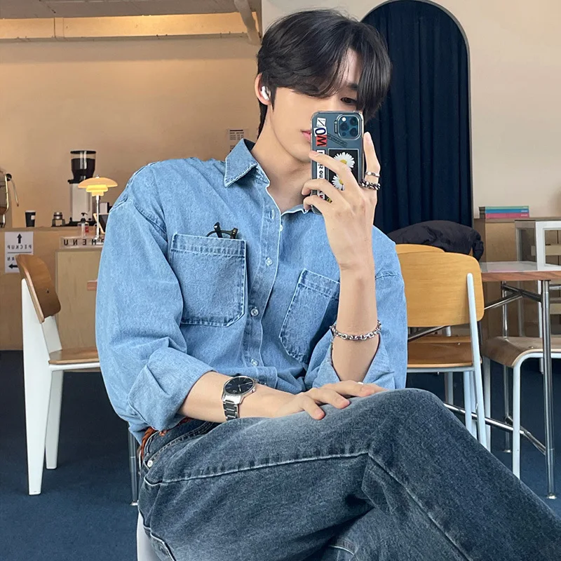 Spring Men's Denim long-sleeved pocket shirt casual Korean turn down button streetwear luxury big size stylish,denim shirt,long sleeved shirt