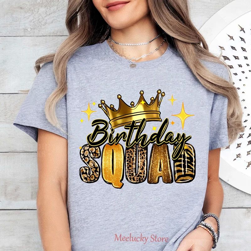 

Birthday squad letter print pattern a must-have gift for women's birthdays, summer top, pure cotton casual T-shirt