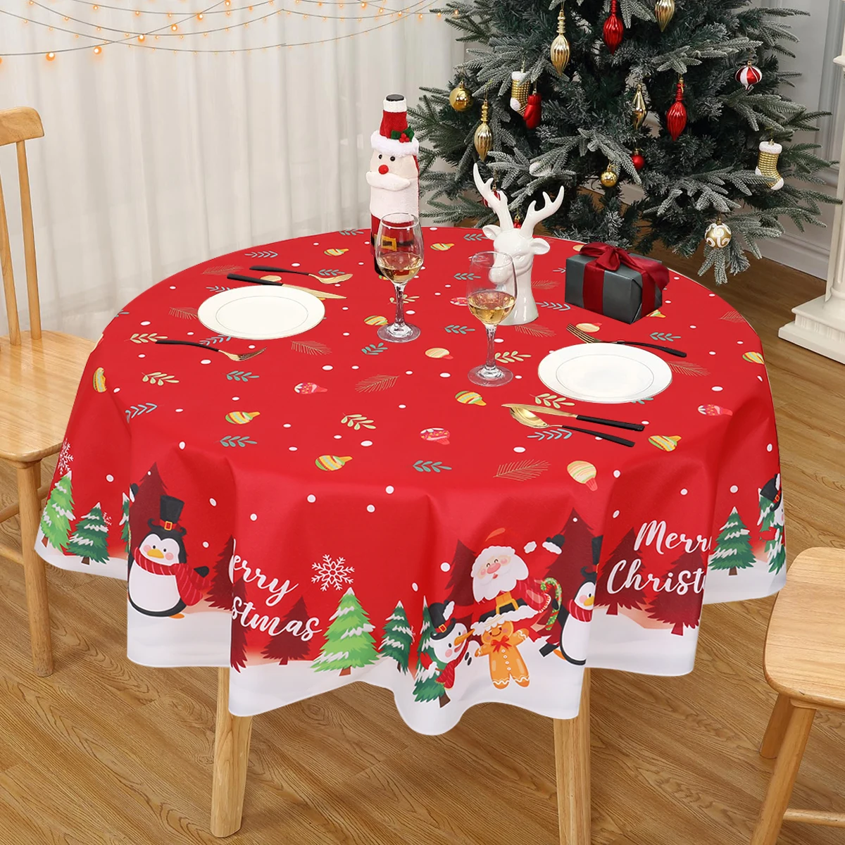 Christmas Round Tablecloth Santa Claus Snowman Table Cloth Merry Christmas Decorations for Home Xmas Navidad New Year Decor
