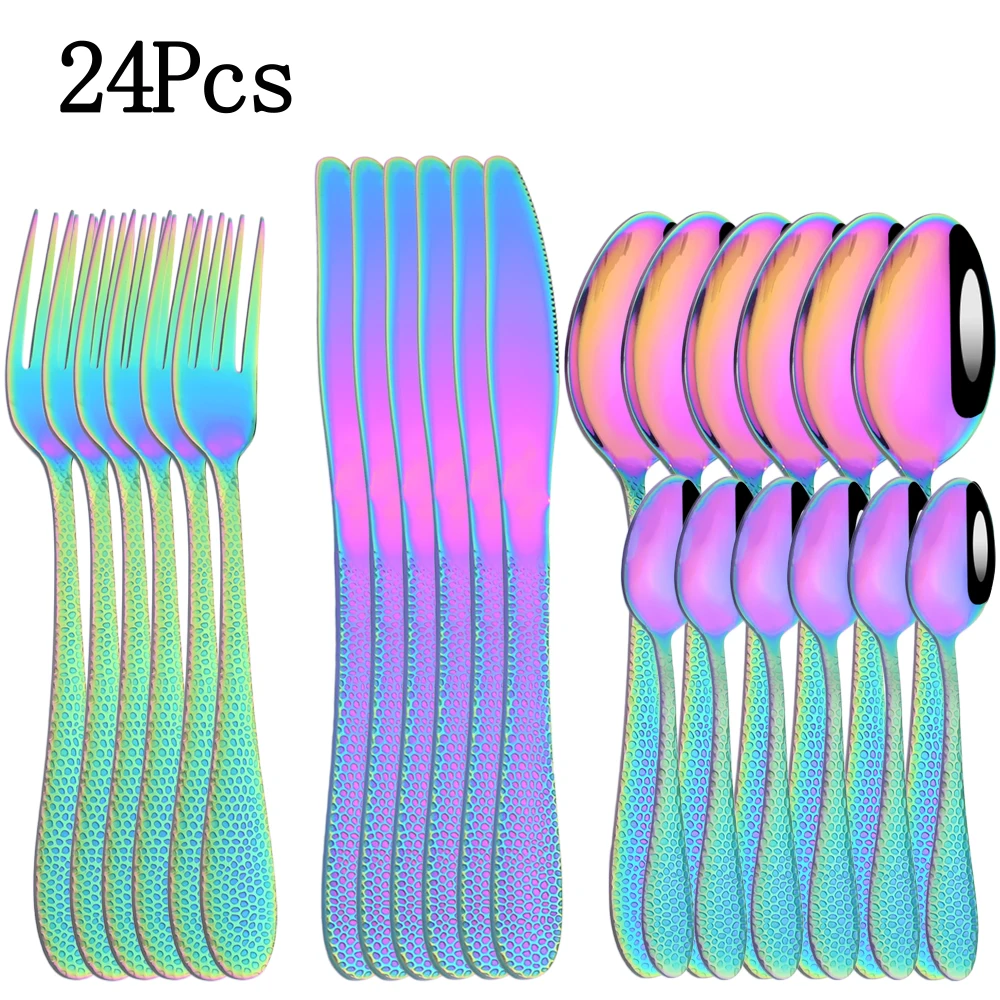 

Luxury Cutlery Set Quality Stainless Less 24Pcs Rainbow Cutlery Set Tableware Knives Forks Spoons Set Western Dinnerware Set