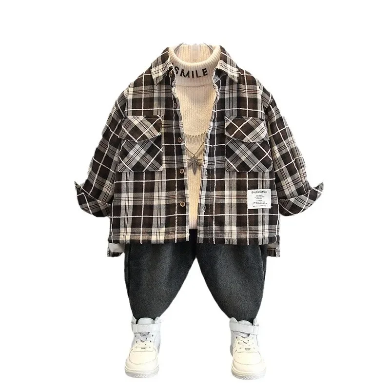 Thickened Fleece Lined Plaid Shirt for Boys Autumn Winter Children's Clothing Baby Outerwear Integrated Velvet Warm Flannel Shir