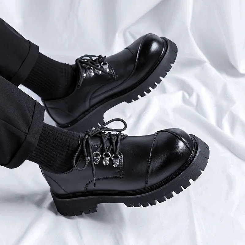 

Fashion Men Round Toe Formal Dress Shoes Male Business Casual Shoes Lace Up Oxfords Thick Bottom Split Leather Platform Shoes
