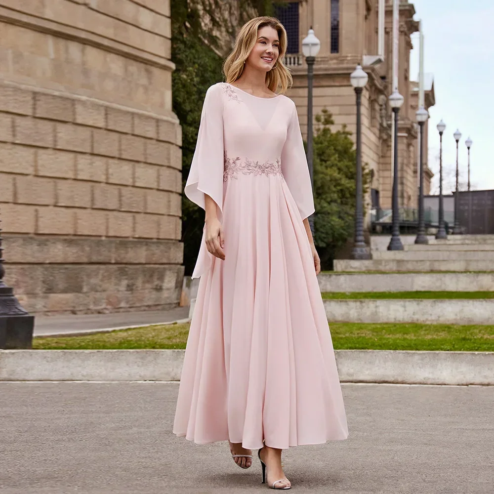 

New Arrival A-Line Ankle-Length Chiffon Pink Mother of the Bride Dresses Jewel Neck 3/4 Sleeves Decal Wedding Party Gowns