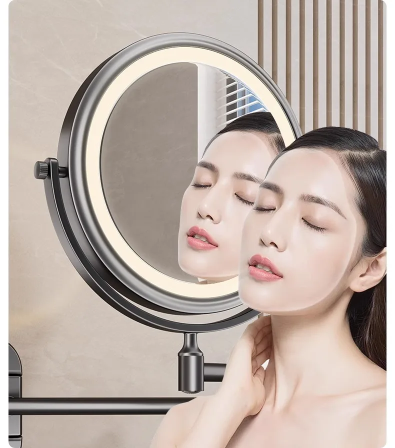 Wall mounted foldable magnifying mirror with round shape and Chinese style.