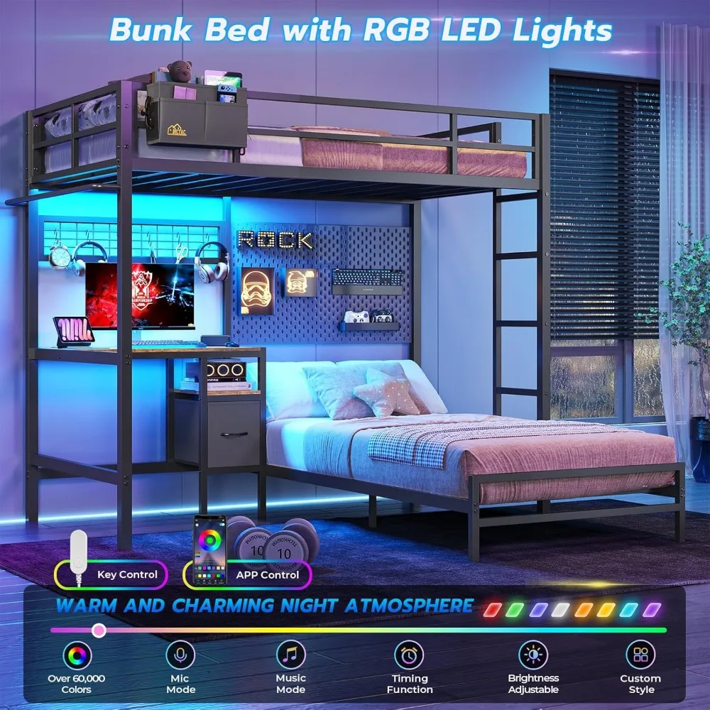 Bunk Bed Twin Over Twin W Desk, Led Lights & Storage Shelves and Drawers, Safety Guardrail and Ladder, L-Shaped Children Bed 2