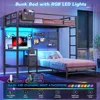 Bunk Bed Twin Over Twin W Desk, Led Lights & Storage Shelves and Drawers, Safety Guardrail and Ladder, L-Shaped Children Bed 2