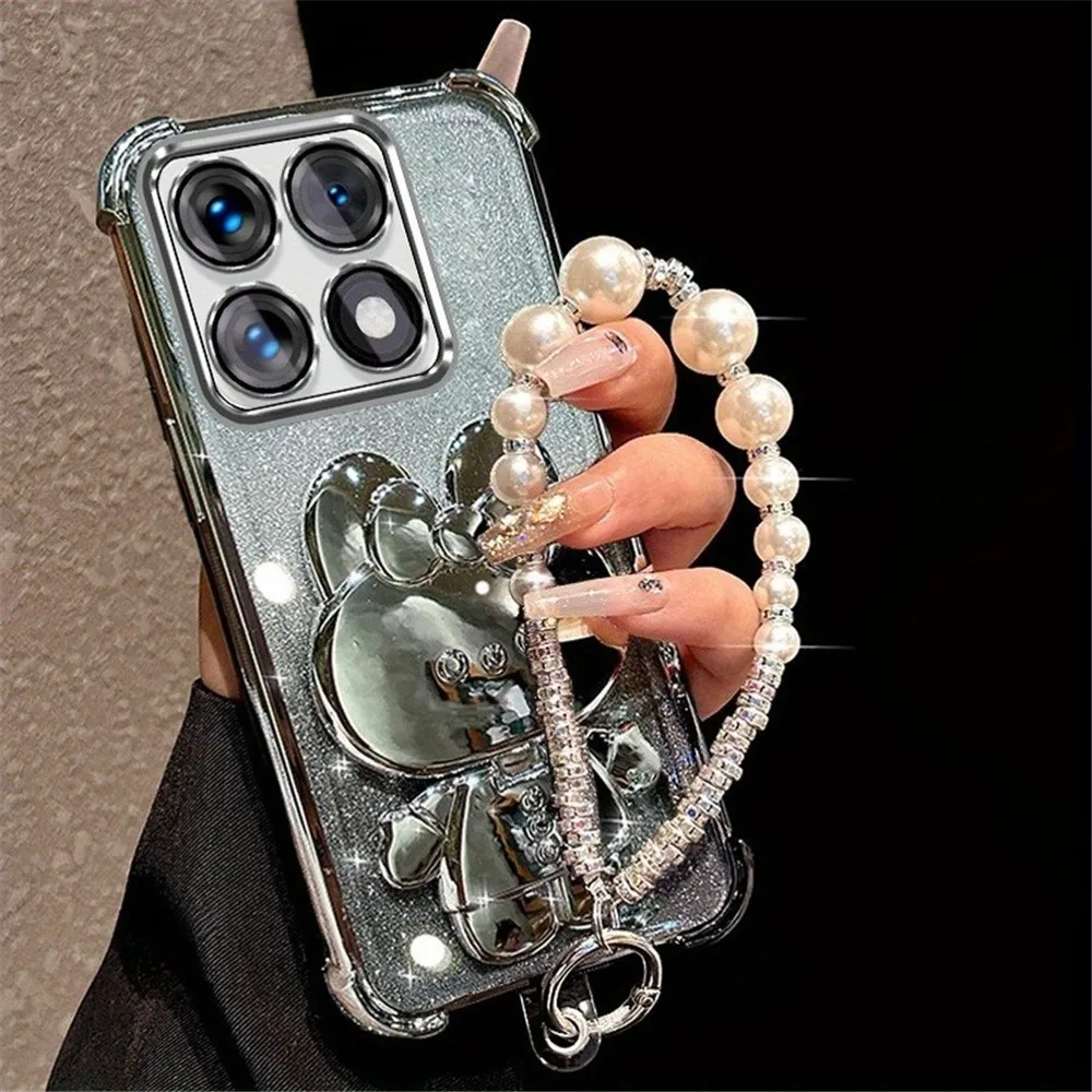 Pearl Bracelet Mirror Rabbit Stand Glitter Shockproof Phone Case