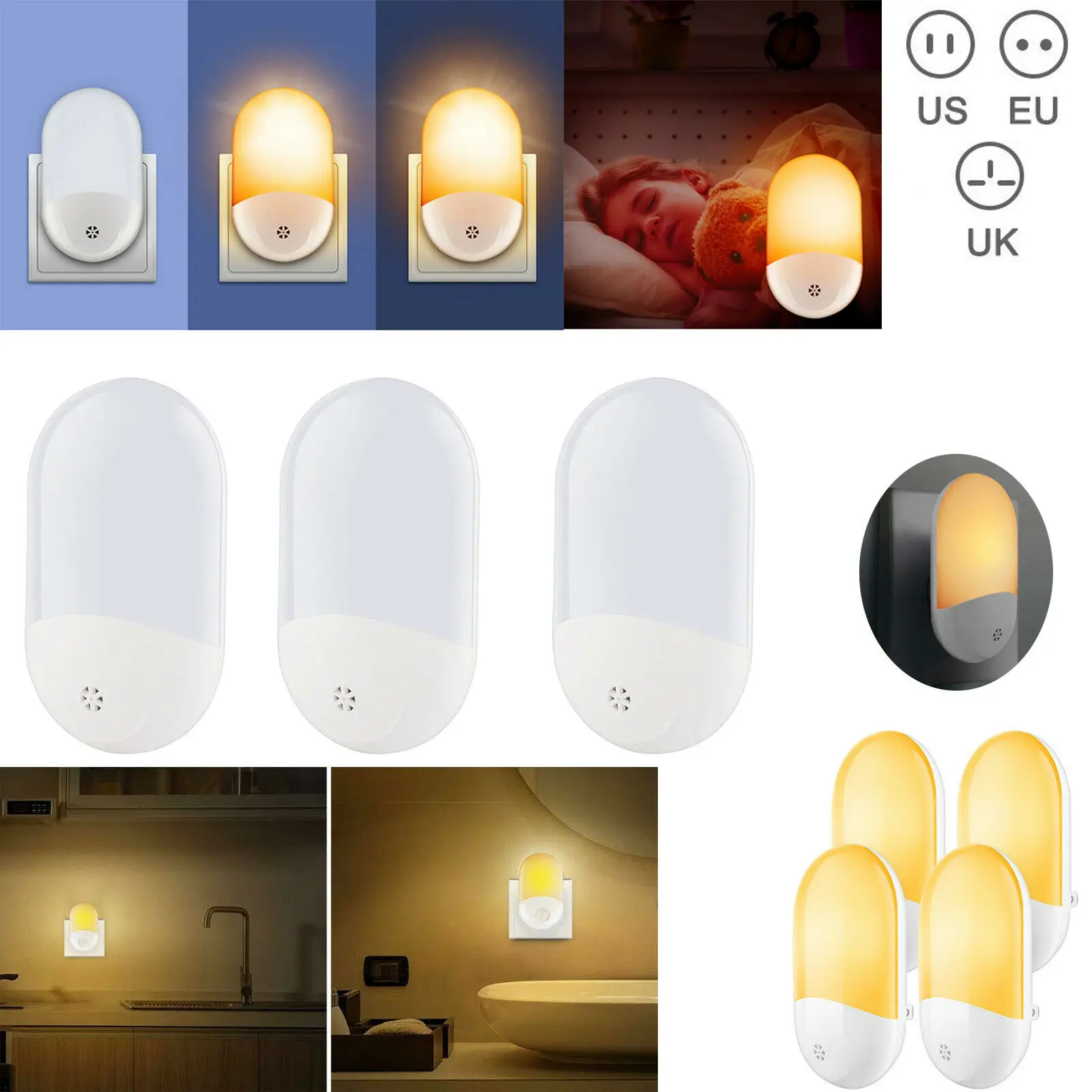 4Pcs Automatic LED Night Light Wall Plug In Dusk to Dawn Sensor Light Lamp Warm White US/UK/EU