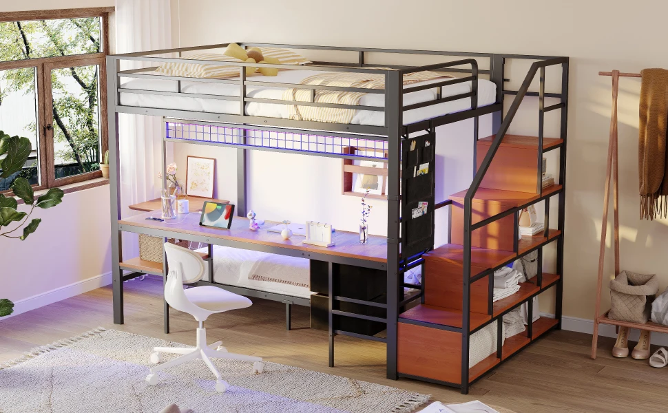 Metall-Hochbett, multifunktionales Bett mit Schreibtisch, LED-Beleuchtung, Steckdosen, offenem Stauraum und Stoffschubladen, schwarz – Detail 18
