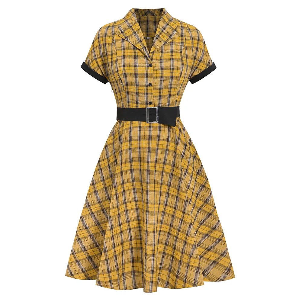 

Elegant Women Vintage Plaid Dress Retro Rockabilly Cocktail Party Sundress Casual Short Sleeves 50s 40s Swing Dress Summer Dress