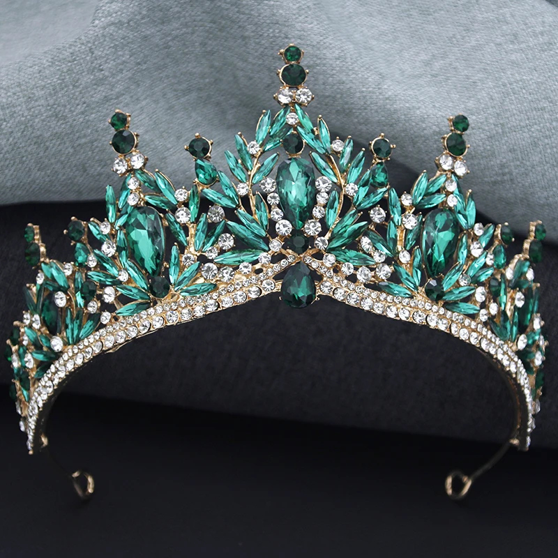 Hair Headdress Baroque Luxury Green Crystal Tiara For Women Wedding Girls Birthday Party Elegant Crown Jewelry Accessories