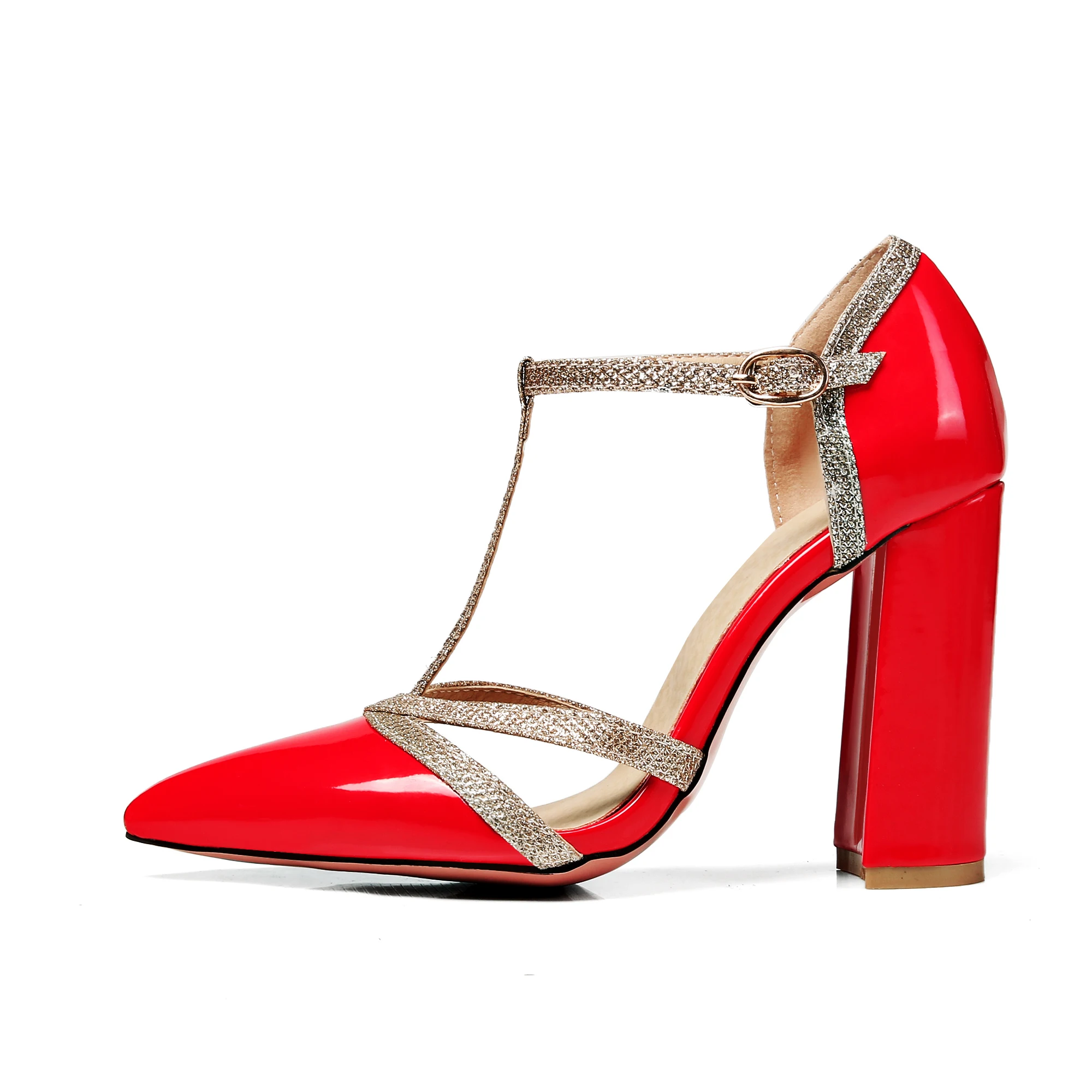 Spitze Zehensandalen mit klobigem Absatz, einzelne Schuhe mit Paillettenriemen, High Heels in Rot, Gelb, Gold, Silber, Schwarz, Schnallendesign, glänzende Lederschuhe, Partyschuhe, günstiger Rabatt im Ausverkauf – Detail 22