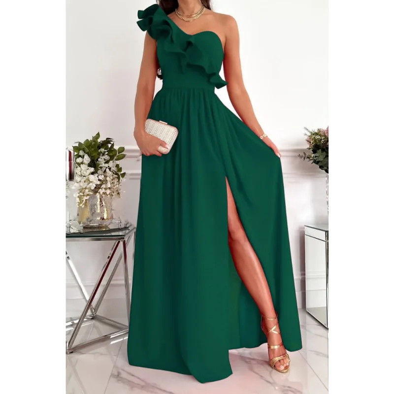 

One Shoulder Dresses Female Solid Pleated Asymmetrical Ruffle Maxi Dress Elegant Luxury Woman Party Dress For Wedding Cocktail