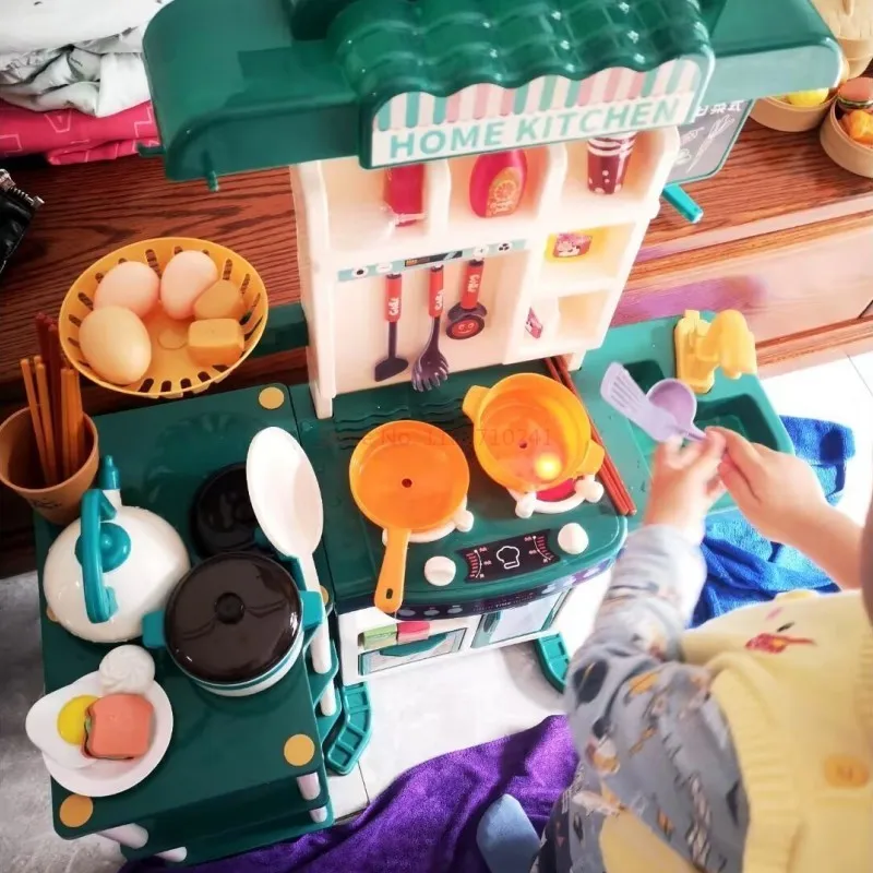 Large Kids Play House Kitchen Set Spray Kitchen Girl Baby Mini Food Cooking Simulation Dining Christmas Gifts Table Toys 95cm