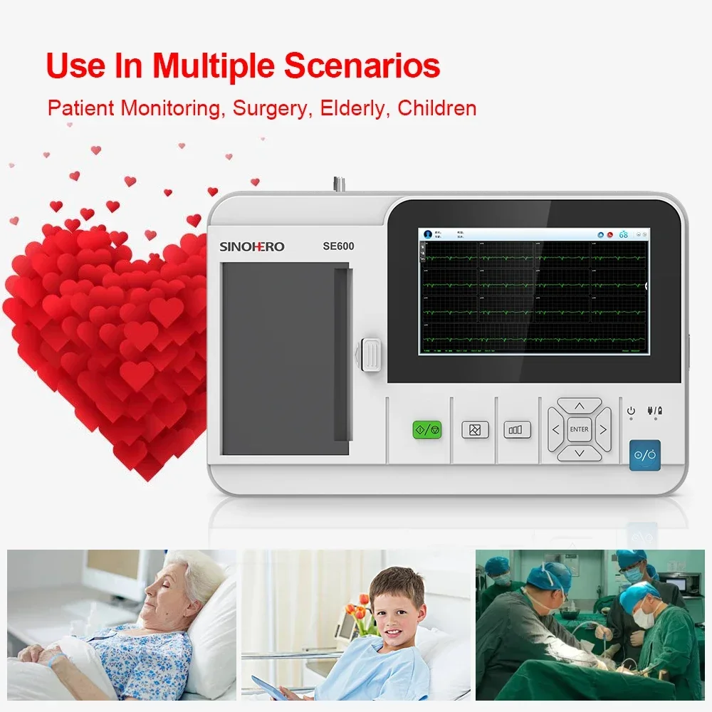 E600 Full Touch 6 Channel Electrocardiograph 12-lead ECG Machine Thermal Printing 7'' LCD Display EKG Cardiac Monitor