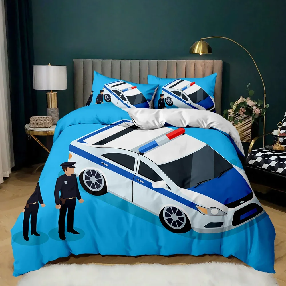 Copripiumino 3D Per Bambini Polizia E Camion Dei Pompieri - Set Da Letto In Microfibra 220x240 Cm Con Federe - Rosso E Giallo